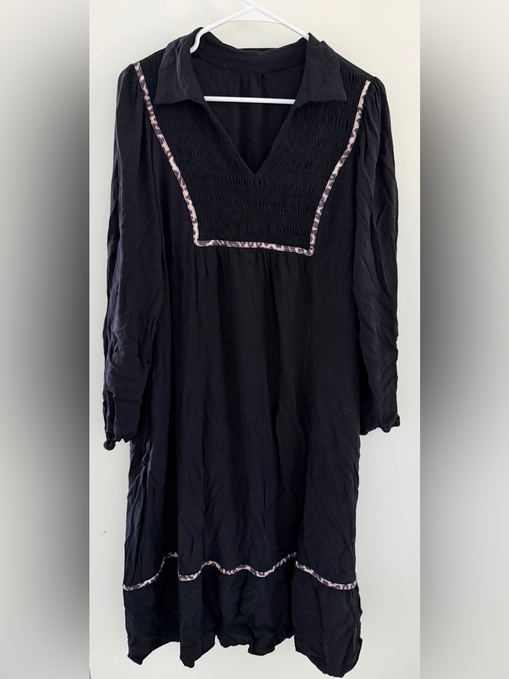 Black Long Sleeve Smocked V-Neck Women's Maxi Dress XL